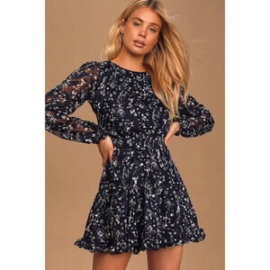 Lulus Too Cute Navy Blue Floral Print Smocked Long Sleeve Mini Dress - Size S
